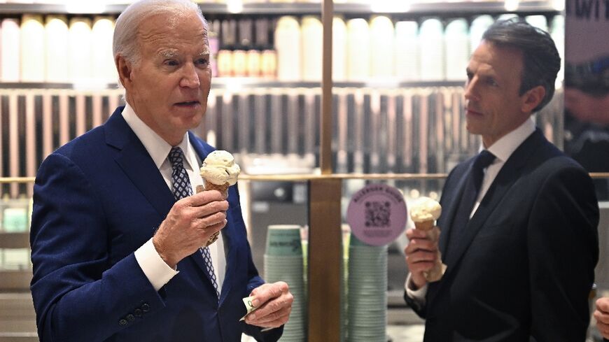 US President Joe Biden answered a question on Gaza as he visited a New York ice cream parlor after taping an interview with comic Seth Meyers