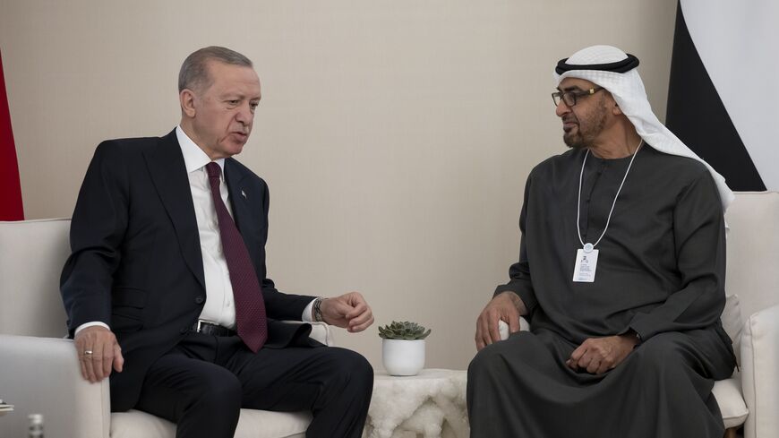 UAE's President Mohamed bin Zayed Al Nahyan and Turkish President Recep Tayyip Erdogan meet in Dubai on Feb. 13, 2024.