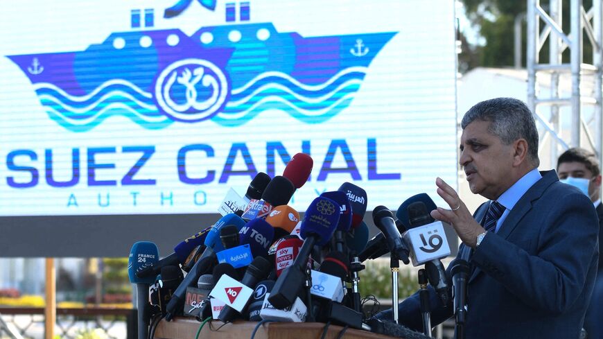 Suez Canal Authority Chairman Osama Rabie holds a press conference about the grounding of the Panama-flagged MV Ever Given cargo ship in the waterway, Suez, March 27, 2021.