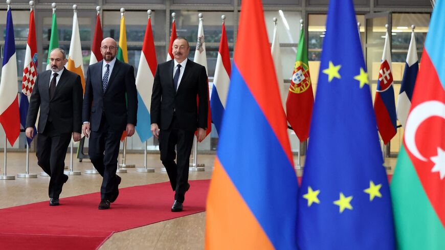Armenian Prime Minister Nikol Pashinyan, President of the European Council Charles Michel, and Azerbaijani President Ilham Aliyev.