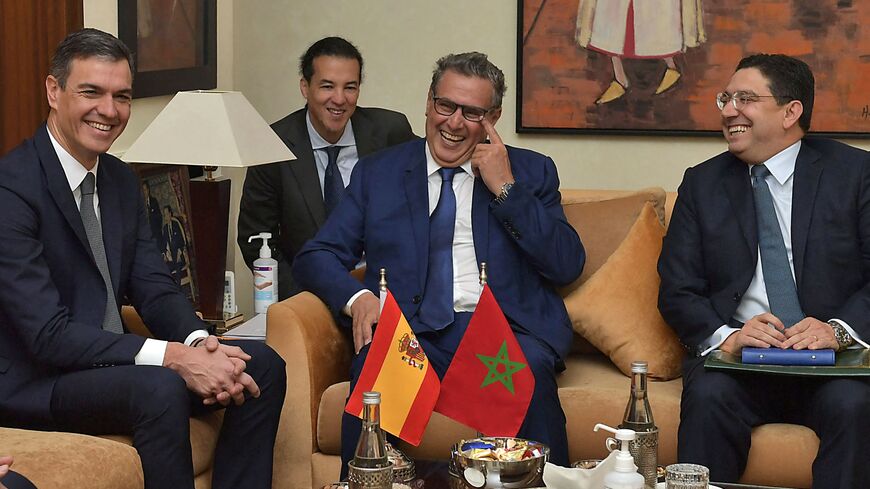 Morocco's Prime Minister Aziz Akhannouch (R) meets with his Spanish counterpart, Pedro Sanchez (L), in Rabat, on Feb. 2, 2023. 