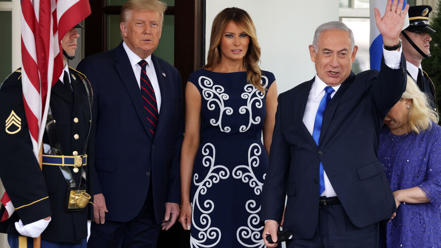 WASHINGTON, DC - SEPTEMBER 15: U.S. President Donald Trump and First Lady Melania Trump welcome Prime Minister of Israel Benjamin Netanyahu during an arrival outside the West Wing of the White House on September 15, 2020 in Washington, DC. The foreign affairs minister is in Washington to participate in the signing ceremony of the Abraham Accords. (Photo by Alex Wong/Getty Images)