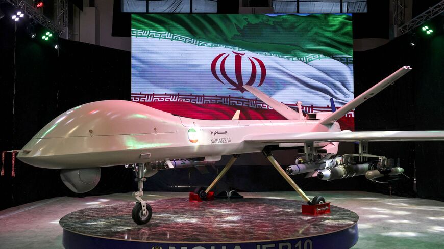 Iranian drone "Mohajer 10" is displayed Iran's defence industry achievements exhibition, on Aug. 23, 2023 in Tehran.