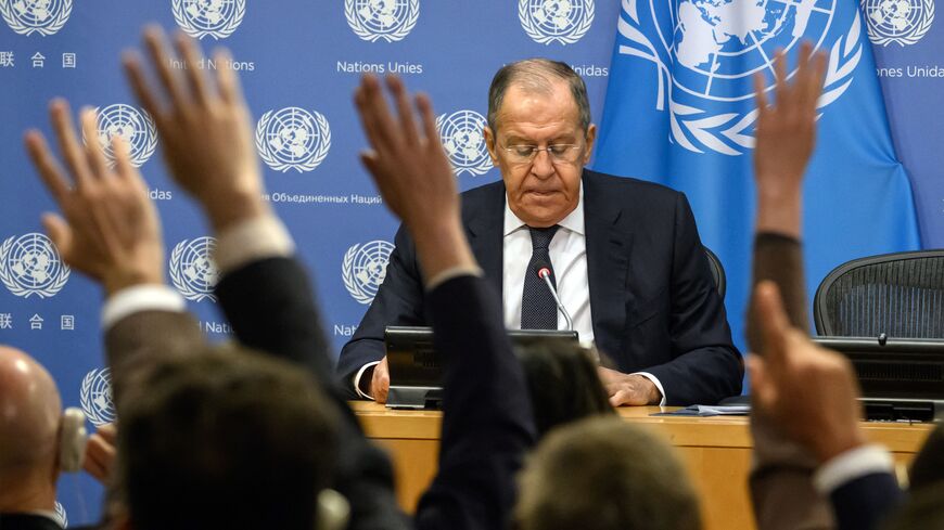 TOPSHOT - Reporters ask questions as Russia's Foreign Minister Sergey Lavrov holds a press conference following his address to the 78th United Nations General Assembly at UN headquarters in New York City on September 23, 2023. Western powers through their support to Ukraine have effectively entered direct war against Moscow, Russian Foreign Minister Sergei Lavrov said Saturday. "You can call it anything you want, but they are fighting with us, they are straight-up fighting with us. We call it a hybrid war, 