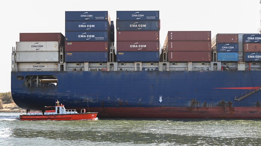 A ship transits the Suez Canal toward the Red Sea on Jan. 10, 2024, in Ismailia, Egypt. 