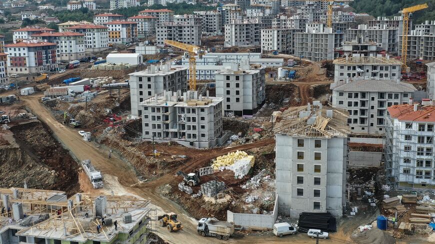 In an aerial view, a new housing project under construction for displaced earthquake survivors is seen in the Gulderen district on Feb. 1, 2024, in Hatay, Turkey. 
