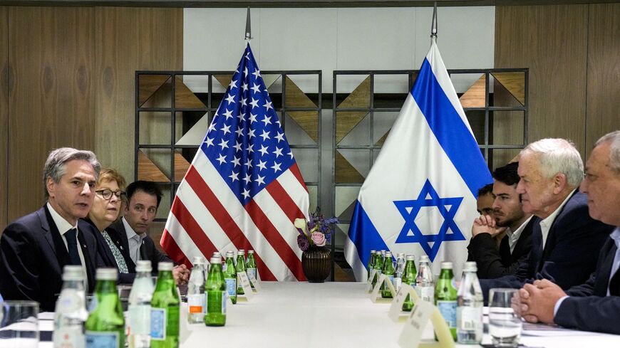US Secretary of State Antony Blinken (L) meets with former Israeli army chief of staff Gadi Eisenkot (R) and former Israeli Defence Minister Benny Gantz in Tel Aviv on Feb. 8, 2024. 