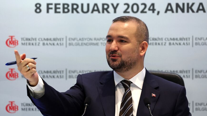 Turkish Central Bank Governor Fatih Karahan gestures as he speaks during the first meeting of the year in Ankara, Feb. 8, 2024
