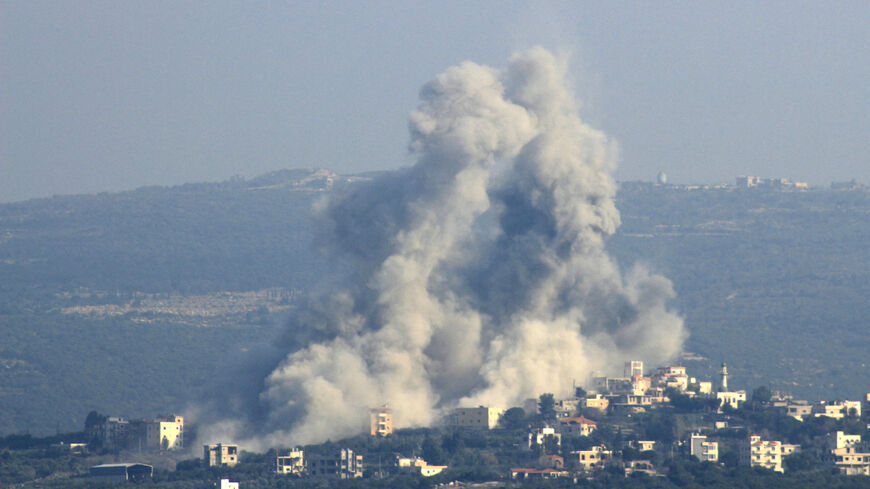 Smoke billows from the site of an Israeli air strike in the southern Lebanese village of Shihin near the border on February 11, 2024, amid ongoing cross-border tensions as fighting continues between Israel and Palestinian Hamas militants in the Gaza Strip. (Photo by KAWNAT HAJU / AFP) (Photo by KAWNAT HAJU/AFP via Getty Images)