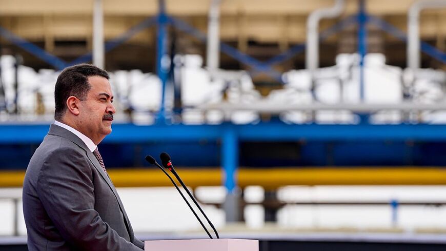 Iraqi Prime Minister Mohamed Shia al-Sudani delivering a speech during a ceremony held on the occasion of the reopening of North Oil Refinery in Baiji