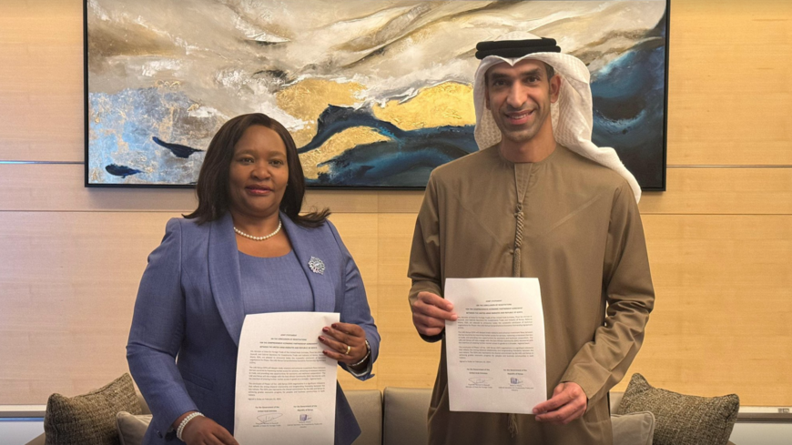Kenyan Cabinet Secretary for Investments, Trade and Industry Rebecca Miano with UAE Minister of Foreign Trade Thani bin Ahmed Al-Zeyoudi at a signing ceremony following a joint statement on the conclusion of the talks regarding the Comprehensive Economic Partnership Agreement in Dubai, Feb. 22, 2024.