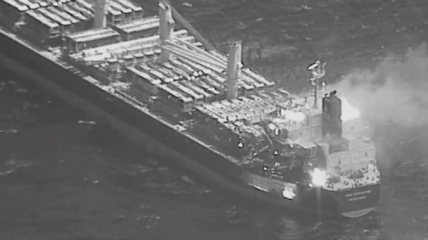 This image obtained from the US Central Command (CENTCOM) on March 6, 2024, shows the Barbados-flagged, Liberian-owned bulk carrier M/V True Confidence after it was hit by an anti-ship ballistic missile launched by Iran-backed Huthi rebels