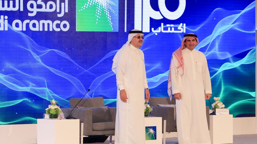 President and CEO of Saudi Aramco Amin Nasser (L) and Aramco's chairman Yasir al-Rumayyan attend a press conference in the eastern Saudi Arabian region of Dhahran on November 3, 2019. - Saudi Aramco confirmed it planned to list on the Riyadh stock exchange, describing it as a "significant milestone" in the history of the energy giant. (Photo by - / AFP) (Photo by -/AFP via Getty Images)