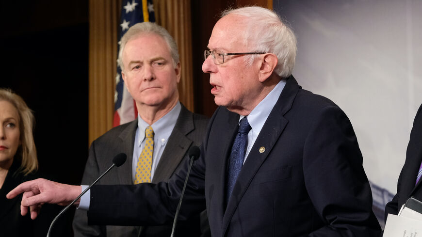 Sen. Chris Van Hollen, (D-MD) and Sen. Bernie Sanders (I-VT) participate in a press conference on Capitol Hill presenting the No War Against Iran Act on Thursday, Jan. 9, 2020 in Washington, DC. 