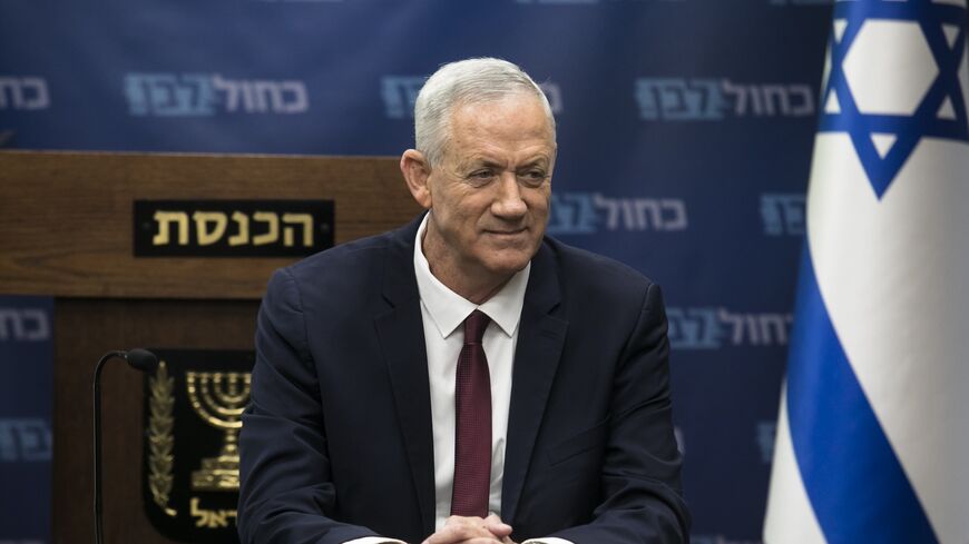 Israeli Minister of Defense Benny Gantz speaks at the start of a Blue and White party meeting on June 27, 2022, in Jerusalem, Israel. 
