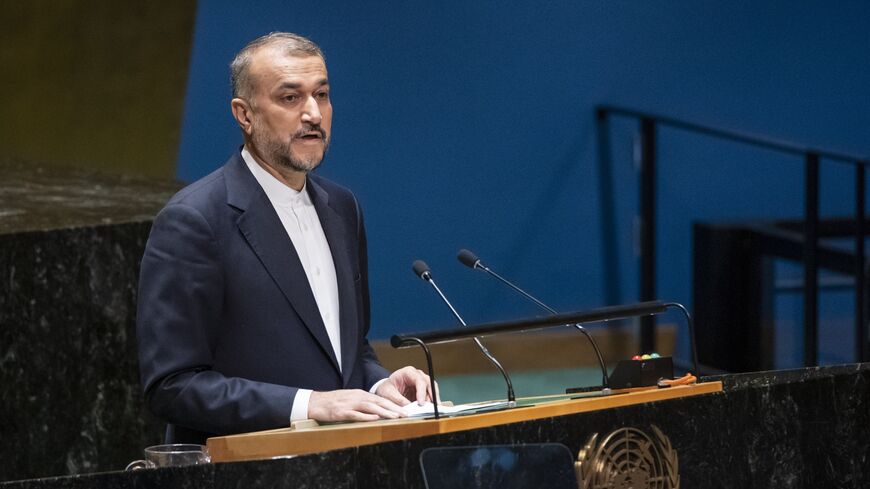 Iranian Foreign Minister Hossein Amir-Abdollahian speaks at the General Assembly on Oct. 26, 2023, in New York City.