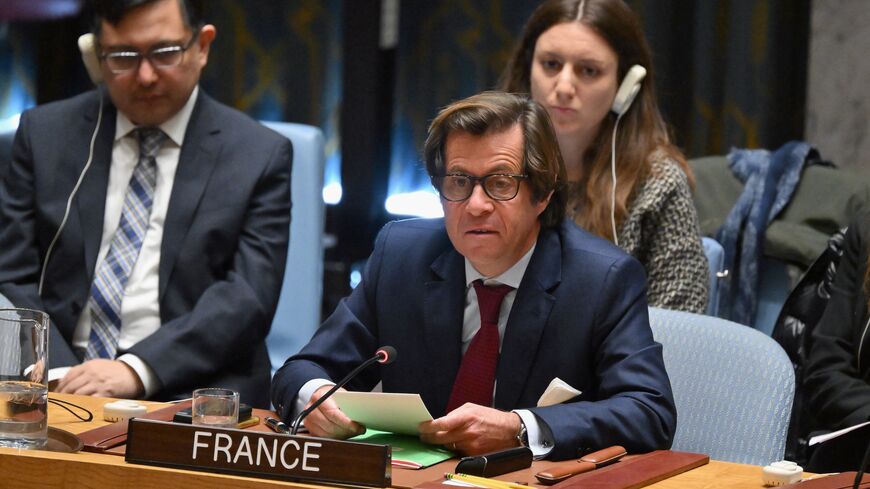 French Ambassador to the United Nations Nicolas de Riviere speaks during a UN Security Council vote on the Israel-Hamas war, UN Headquarters, New York City, Feb. 20, 2024.