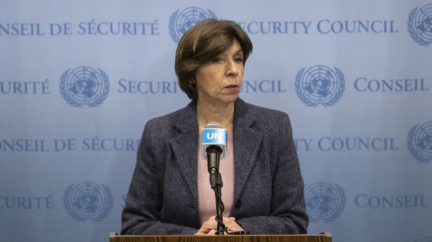 Catherine Colonna, chair of the Independent Review Group on the United Nations Relief and Works Agency (UNRWA), speaks to the press at UN headquarters on Feb. 22, 2024, in New York. 