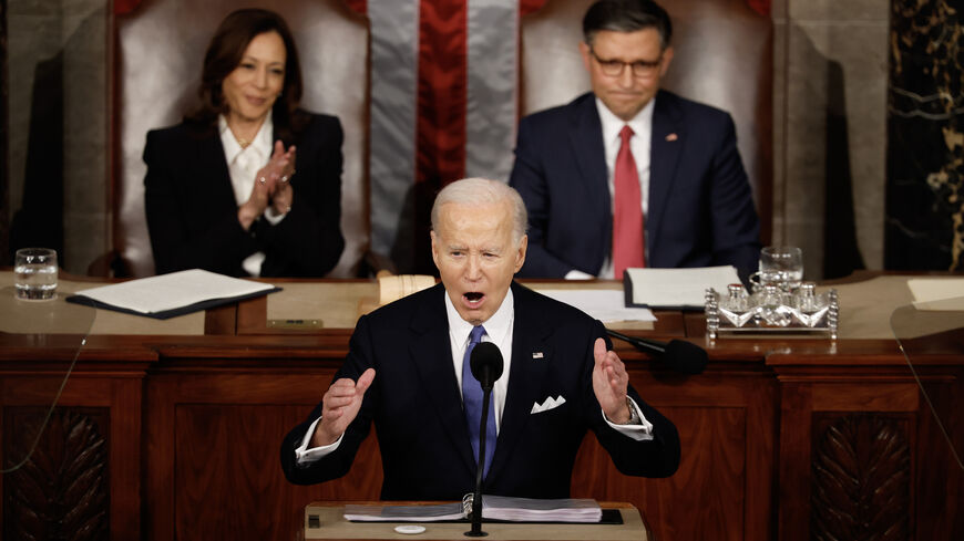 WASHINGTON, DC - MARCH 07: U.S. President Joe Biden delivers the State of the Union address during a joint meeting of Congress in the House chamber at the U.S. Capitol on March 07, 2024 in Washington, DC. This is Biden’s last State of the Union address before the general election this coming November. Biden was joined by Vice President Kamala Harris and Speaker of the House Mike Johnson (R-LA). (Photo by Chip Somodevilla/Getty Images)