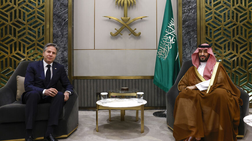 Saudi Arabia's Crown Prince Mohammed bin Salman (R) meets with US Secretary of State Antony Blinken in Jeddah on March 20, 2024. Secretary of State Blinken, who landed in Jeddah earlier on March 20 on the first leg of a regional tour that was extended to include Israel, met with Saudi Foreign Minister Prince Faisal bin Farhan before holding talks with Crown Prince Mohammed bin Salman. (Photo by Evelyn Hockstein / POOL / AFP) (Photo by EVELYN HOCKSTEIN/POOL/AFP via Getty Images)