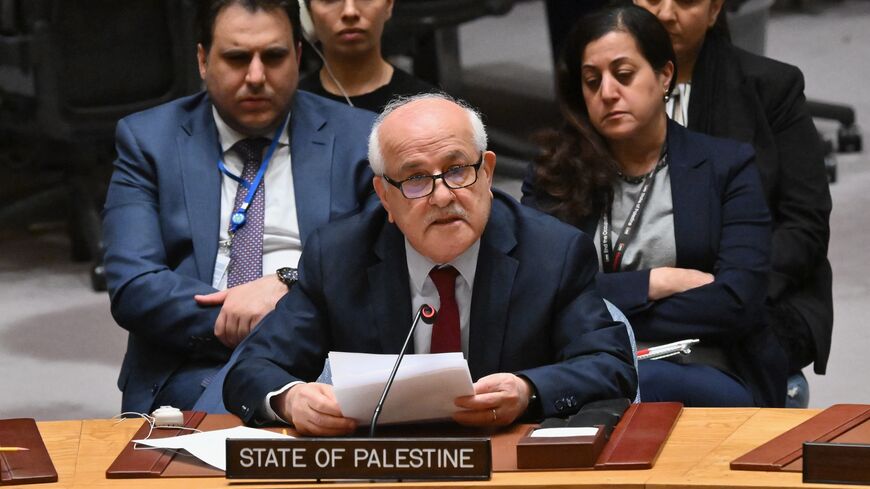 Palestinian Ambassador to the United Nations Riyad Mansour speaks.