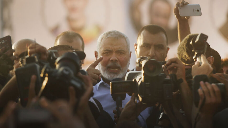Hamas leader Ismail Haniyeh speaks to protesters at the border fence with Israel, Gaza Strip, May 15, 2018.