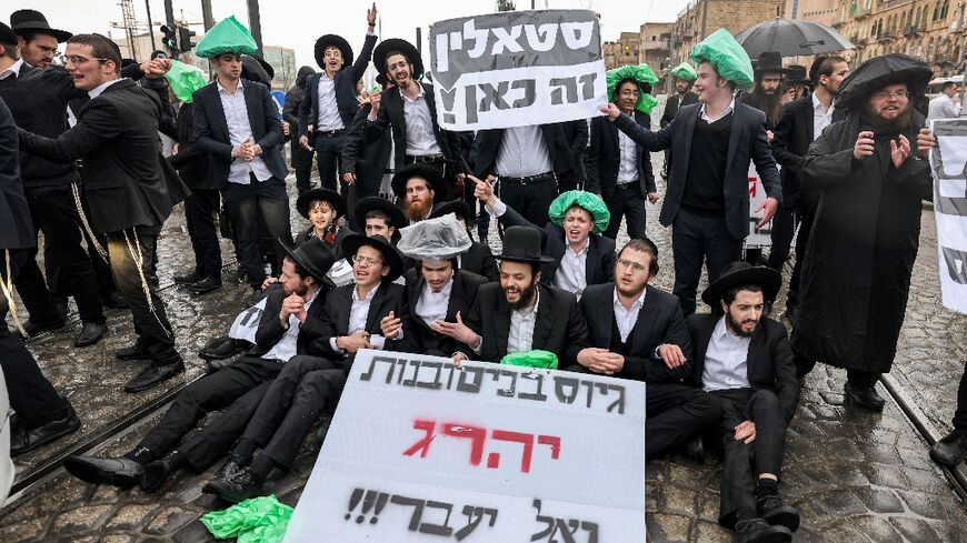 Ultra-orthodox Jews protest in Jerusalem on March 18 against conscription