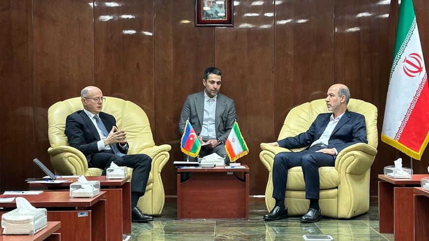 Azerbaijan's Minister of Energy Parviz Shahbazov meets with his Iranian counterpart Ali Akbar Mehrabian in Tehran on March 15, 2024.
