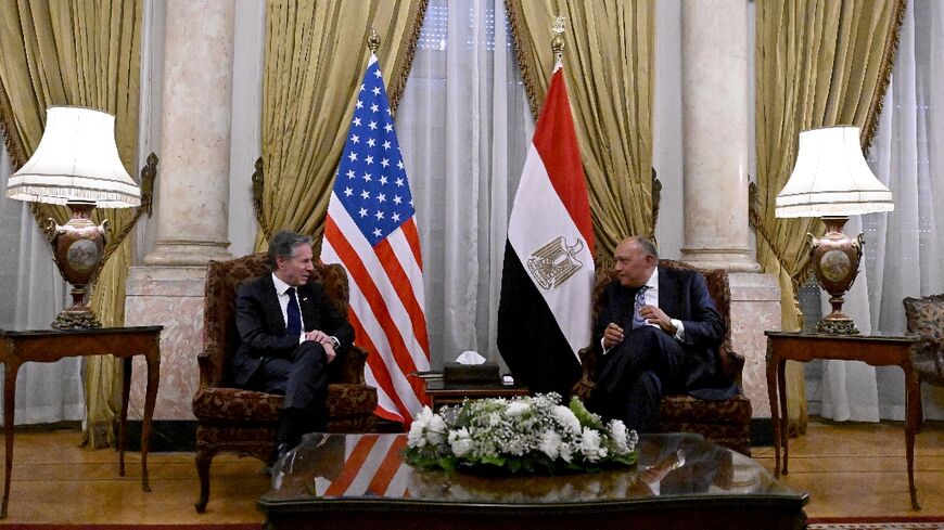 Egypt's Foreign Minister Sameh Shoukry (R) met US Secretary of State Anthony Blinken privately in Cairo ahead of broader talks with Arab envoys to discuss ways of securing a ceasefire in the Israel-Hamas war in Gaza