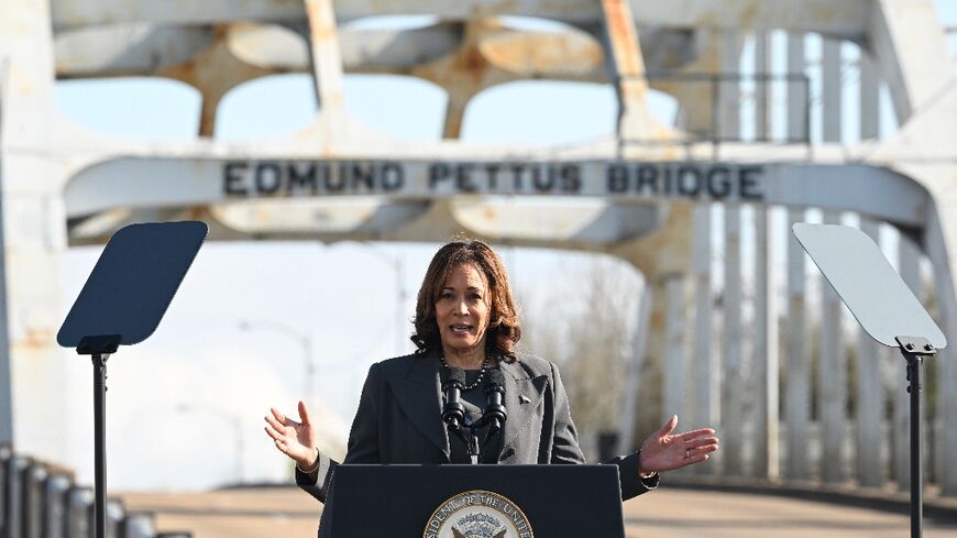 US Vice President Kamala Harris speaks at the Edmund Pettus Bridge during an event to commemorate the 59th anniversary of "Bloody Sunday" in Selma, Alabama