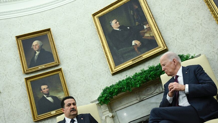 US President Joe Biden meets with the Prime Minister of Iraq Mohammed Shia al-Sudani in the Oval Office of the White House in Washington, DC, on April 15, 2024