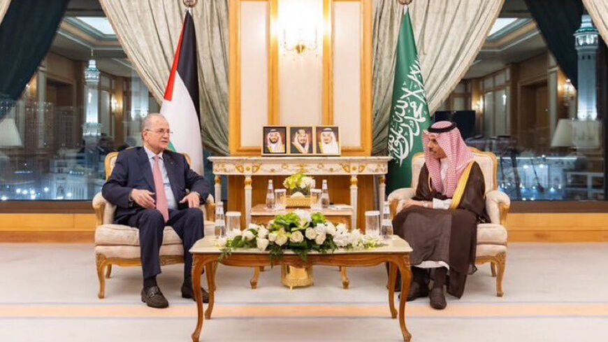 Palestinian Prime Minister Mohammed Mustafa (L) meets Saudi Foreign Minister Prince Faisal bin Farhan, Jeddah, Saudi Arabia, April 9, 2024.
