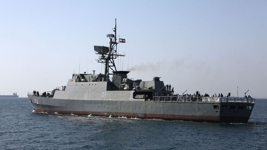 An Iranian Navy warship takes part in the "National Persian Gulf day" in the Strait of Hormuz, on April 30, 2019. 