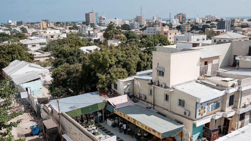 A view from a hotel roof top of downtown Mogadishu close to the site of a double truck bombs in early November in Mogadishu on November 10, 2022. 