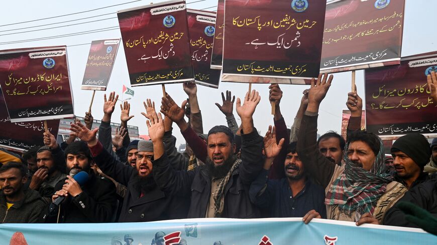 Markazi Jamiat Ahle Hadees Pakistan activists protest in Lahore on Jan. 19, 2024, after Iran launched an airstrike in Pakistan's southwest Baluchistan province. 