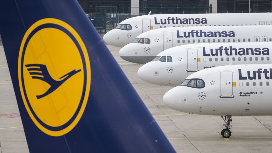 Lufthansa aircraft parked in front of a hangar during a nationwide strike of Lufthansa ground employees, Frankfurt Airport, March 7, 2024.