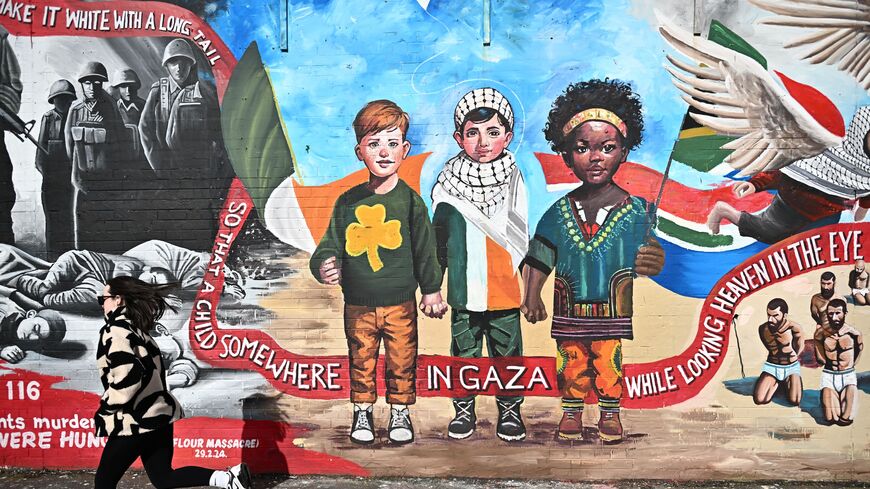 Palestinian solidarity murals can be seen on the International Wall on the Falls Road on March 18, 2024, in Belfast, Northern Ireland. 