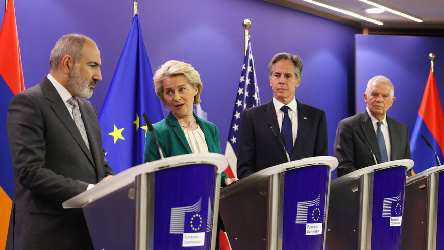 From left: Armenian Prime Minister Nikol Pashinyan, EU Commission President Ursula von der Leyen, US Secretary of State Antony Blinken and European Union Foreign Policy chief Josep Borrell, hold a joint press conference in Brussels on April 5, 2024. (Photo by Johanna Geron / POOL / AFP) (Photo by JOHANNA GERON/POOL/AFP via Getty Images)