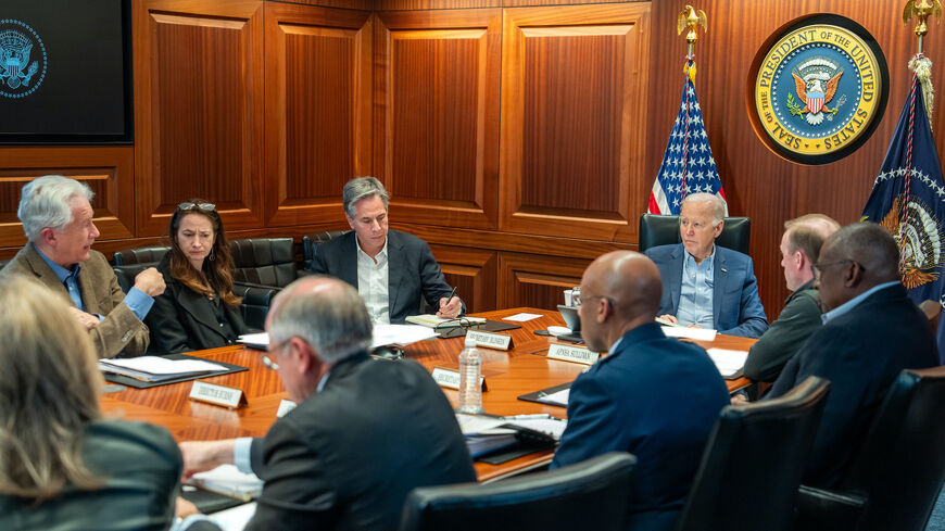 In this handout photo provided by the White House, US President Joe Biden meets with members of the National Security team regarding the unfolding missile attacks on Israel from Iran, on April 13, 2024 in the White House Situation Room in Washington, DC. 