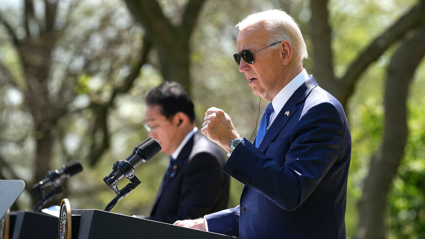 US President Joe Biden and Japanese Prime Minister Fumio Kishida hold a joint press conference in the Rose Garden at the White House on April 10, 2024 in Washington, DC.