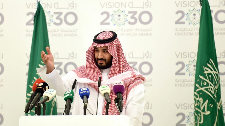 Saudi Defense Minister and Deputy Crown Prince Mohammed bin Salman gestures during a press conference in Riyadh, on April 25, 2016. 