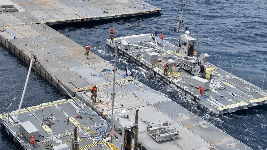 US Central Command picture showing construction work on the floating JLOTS pier, meant to help bring aid into Gaza