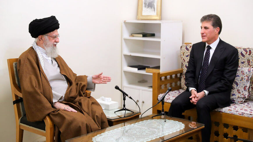 Iran's Supreme Leader Ali Khamenei (L) welcomes Nechirvan Barzani, the regional president of Iraqi Kurdistan, during an official visit to Tehran on May 6, 2024. (Photo: KRG Presidency)