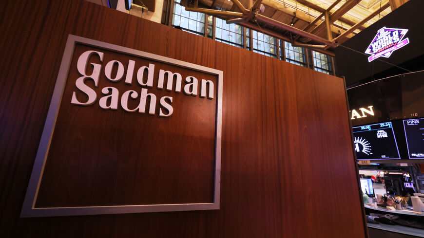 The Goldman Sachs logo is seen at the New York Stock Exchange during morning trading on August 25, 2023 in New York City. 