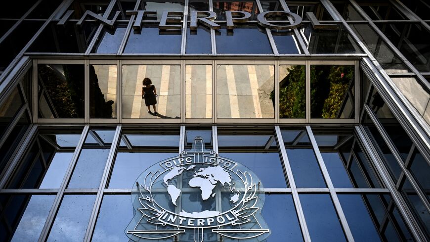This photograph taken in Lyon, eastern France, on Sept. 5, 2023, shows the entrance of the International Criminal Police Organization headquarters, known as Interpol. 