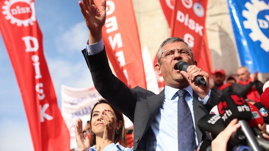 Chairman of the main opposition Republican People's Party (CHP) in Turkey, Ozgur Ozel, delivers a speech during a rally by members of the Confederation of Revolutionary Trade Unions (Disk) calling for economic justice and protesting against the increasing tax burden on workers in Ankara on Nov. 17, 2023. 