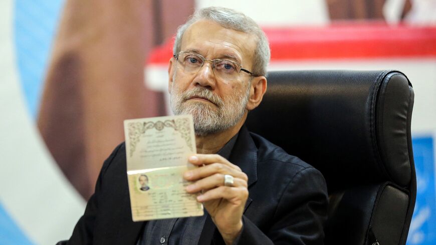 Former Iranian parliament speaker Ali Larijani registers at the elections registration office in Tehran on May 31, 2024, ahead of the country's election of a new president next month.