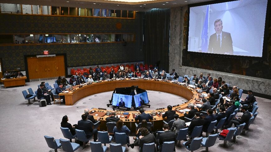 Tom Fletcher, the United Nations under-secretary-general for humanitarian affairs and emergency relief coordinator, addresses by video call a UN Security Council meeting on Gaza and the Middle East
