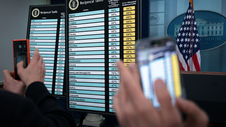 Charts that show the “reciprocal tariffs” the U.S. is charging other countries are on display at the James Brady Press Briefing Room of the White House on April 2, 2025 in Washington, DC. Hosting a "Make America Wealthy Again" trade announcement event in the Rose Garden touting as a “Liberation Day” event, President Donald Trump announced sweeping new tariffs targeting goods imported to the U.S. on countries including China, Japan and India. (Photo by Alex Wong/Getty Images)