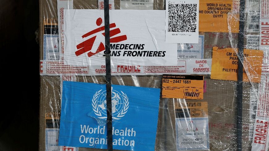 Humanitarian supplies bound for Gaza at a warehouse in the Egyptian border town of El-Arish